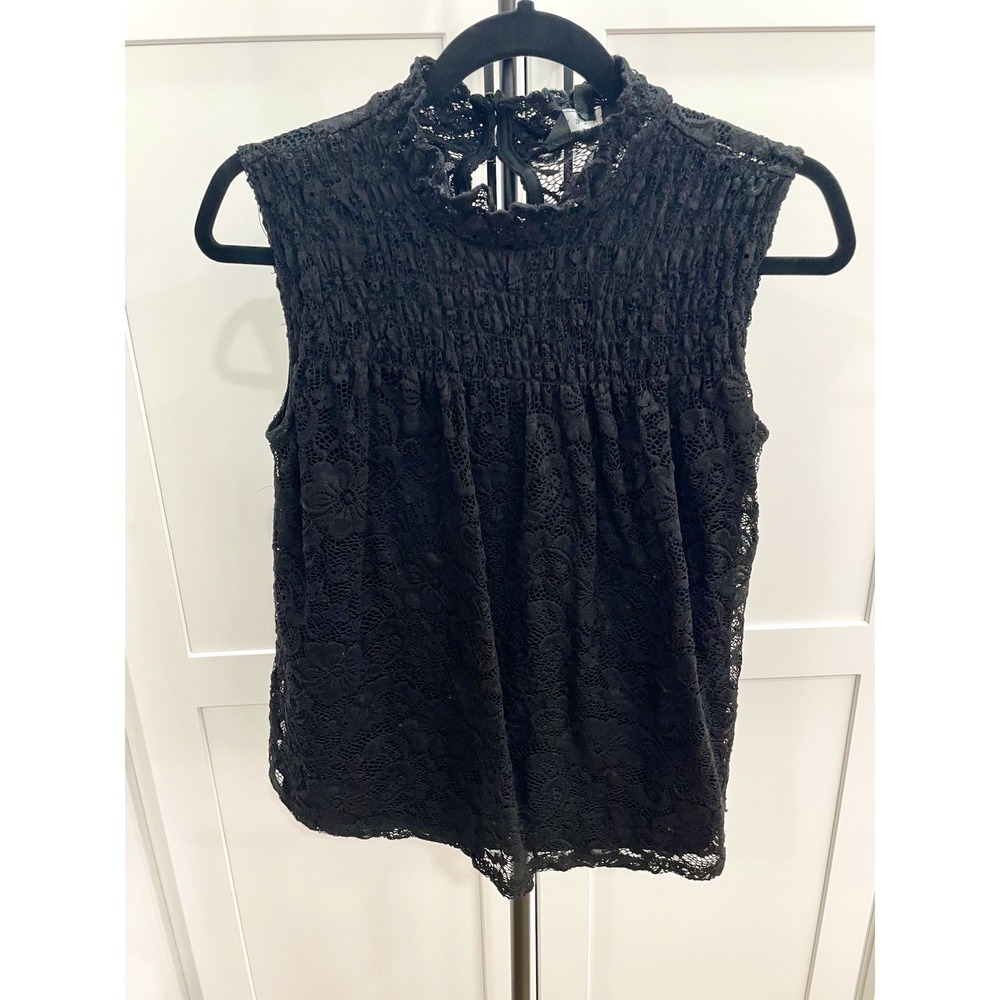 Adiva Black Lace Sleeveless Blouse Top Small S Smocked High Mock Neck Lined Boho